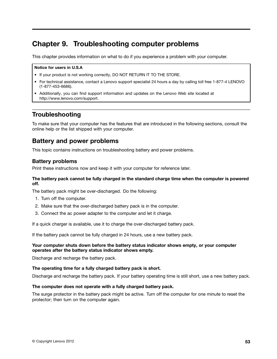 Chapter 9. troubleshooting computer problems, Troubleshooting, Battery and power problems | Lenovo V480 Notebook User Manual | Page 67 / 85