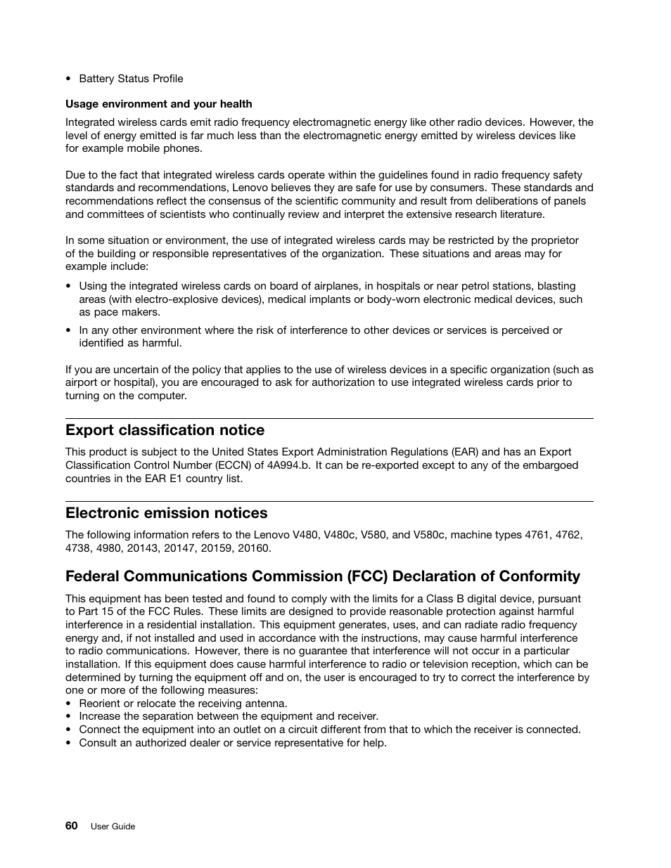 Export classification notice, Electronic emission notices | Lenovo V480 Notebook User Manual | Page 74 / 85