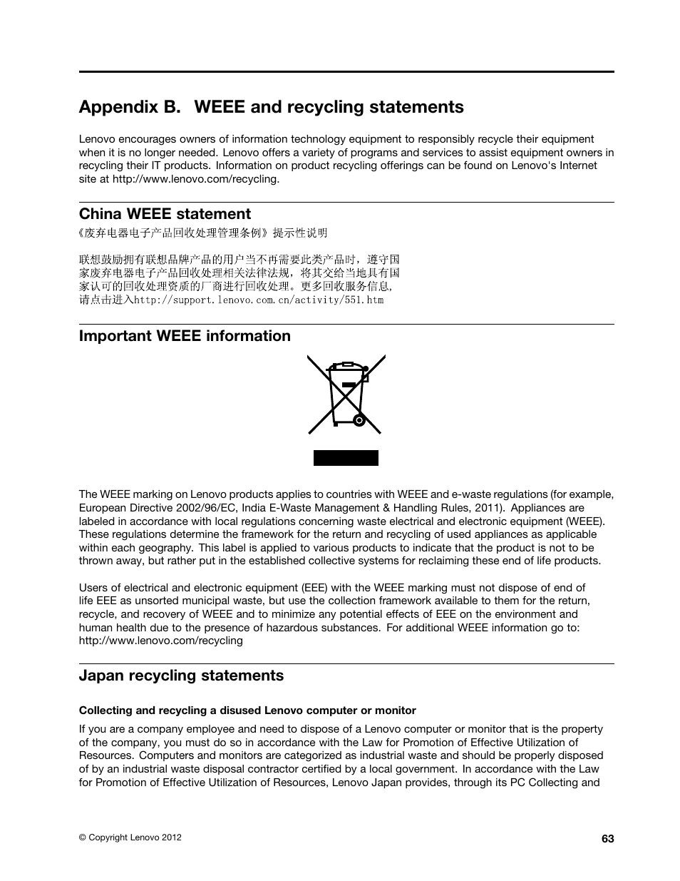 Appendix b. weee and recycling statements, China weee statement, Important weee information | Japan recycling statements, China weee statement important weee information | Lenovo V480 Notebook User Manual | Page 77 / 85