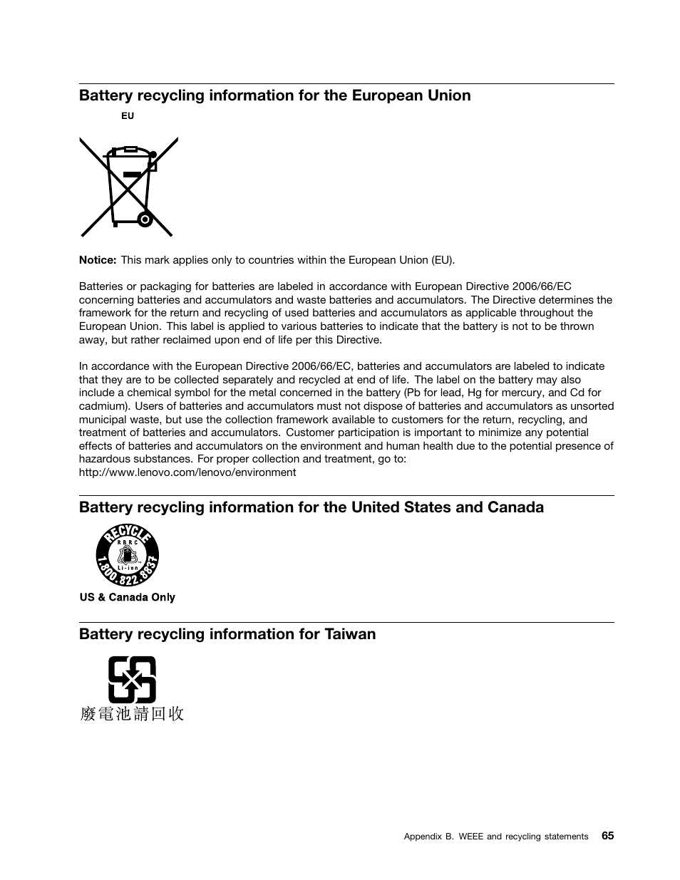 Battery recycling information for taiwan | Lenovo V480 Notebook User Manual | Page 79 / 85