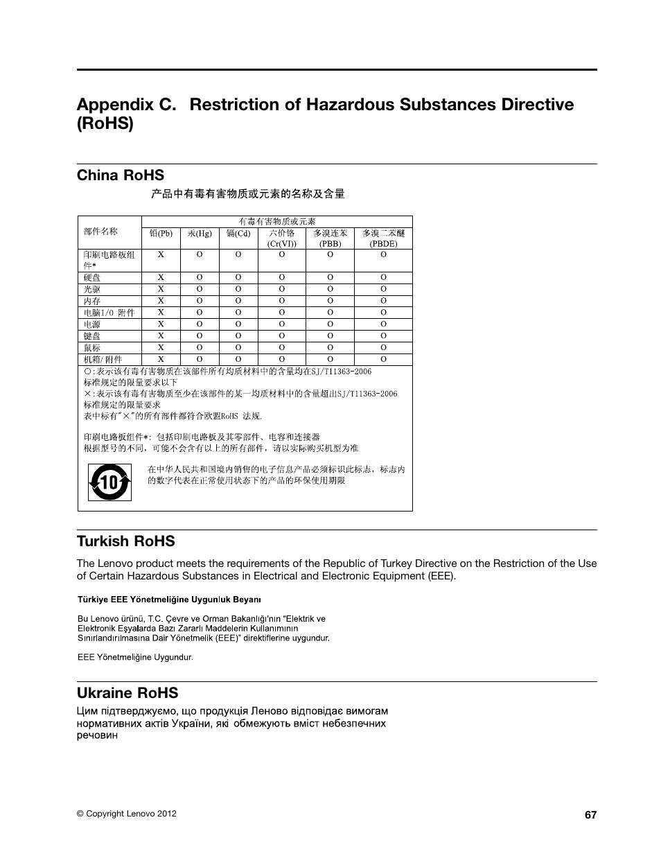 China rohs, Turkish rohs, Ukraine rohs | Lenovo V480 Notebook User Manual | Page 81 / 85