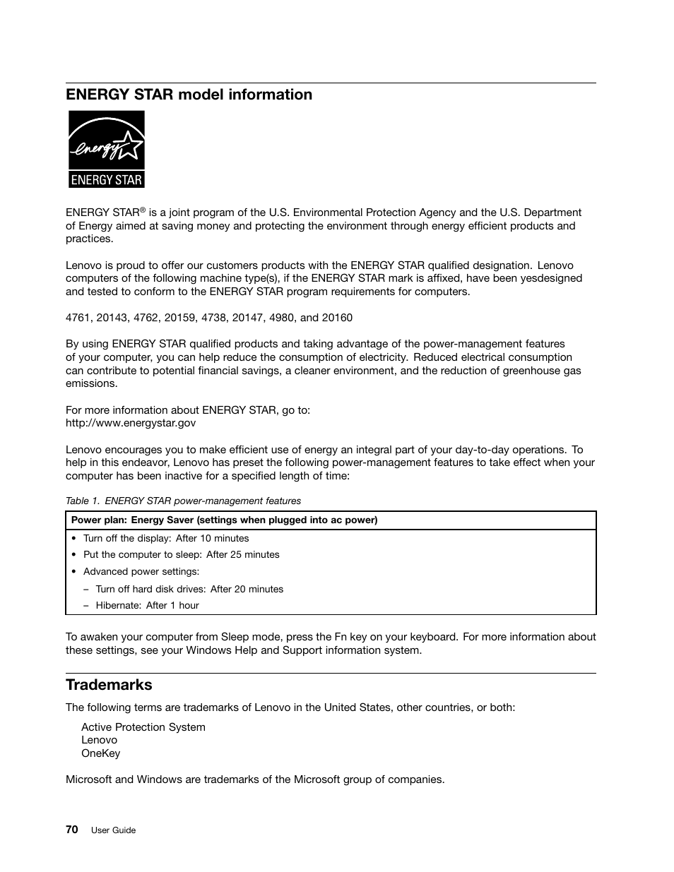 Energy star model information, Trademarks | Lenovo V480 Notebook User Manual | Page 84 / 85