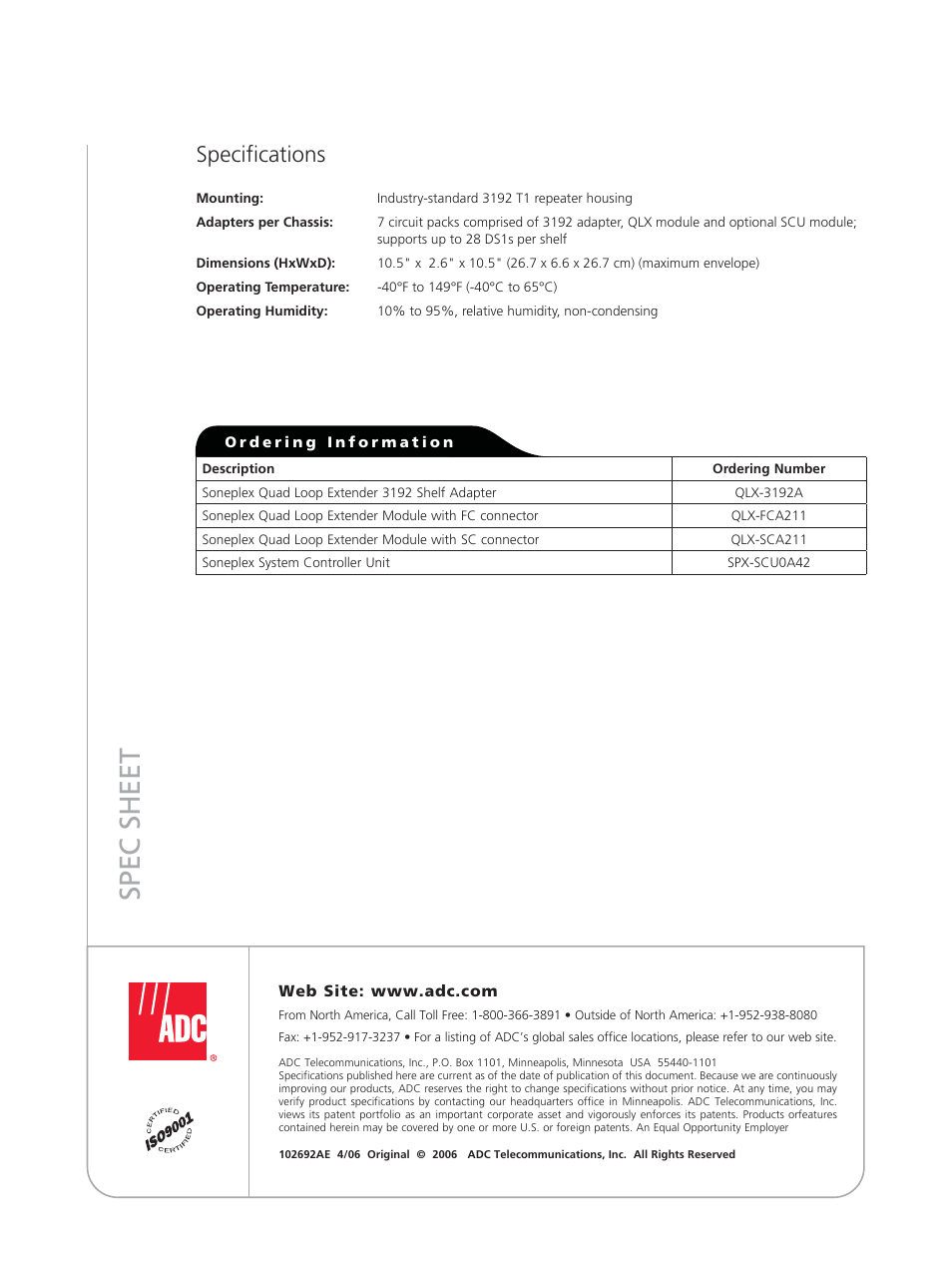 Spec sheet, Specifications | ADC Soneplex 3192 User Manual | Page 2 / 2
