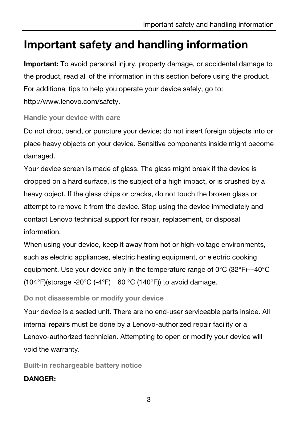 Important safety and handling information | Lenovo A7-40 Tablet User Manual | Page 4 / 23