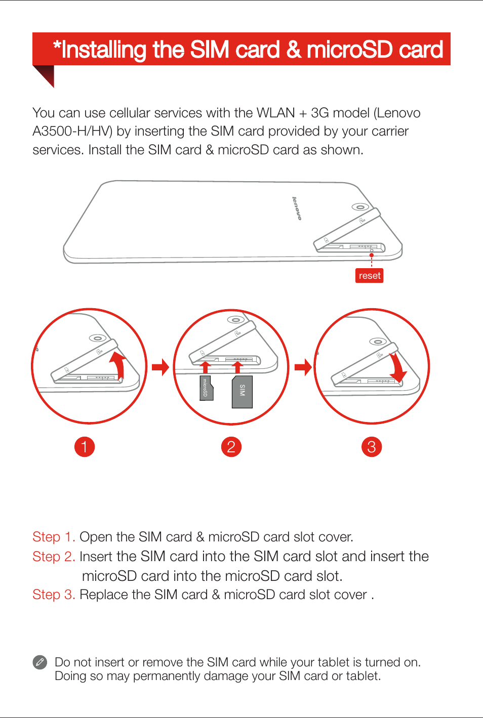 Installing the sim card & microsd card | Lenovo A7-50 Tablet User Manual | Page 4 / 6