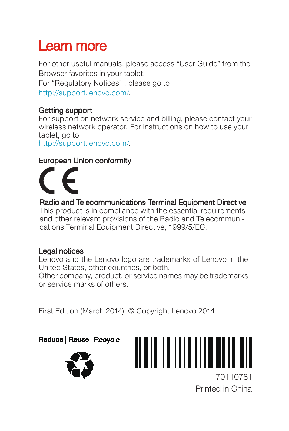 Learn more | Lenovo A7-50 Tablet User Manual | Page 6 / 6