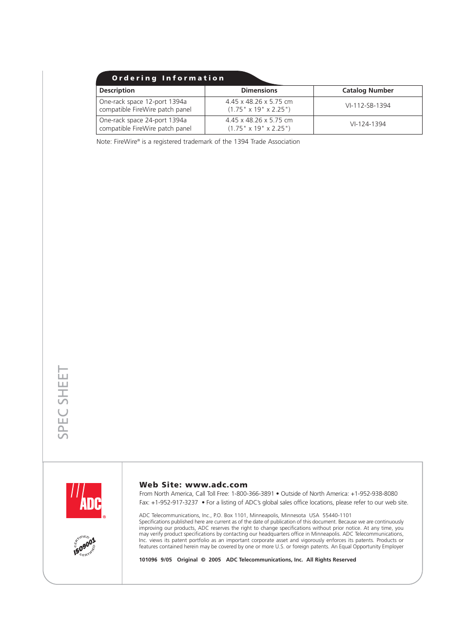 Spec sheet | ADC FireWire Patch Panel IEEE 1394a User Manual | Page 2 / 2