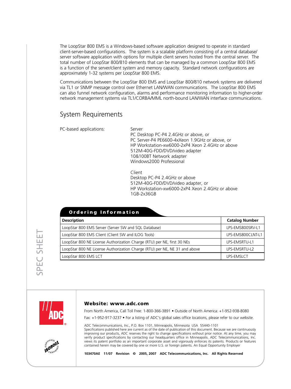 Spec sheet, System requirements | ADC LoopStar 800 EMS User Manual | Page 2 / 2