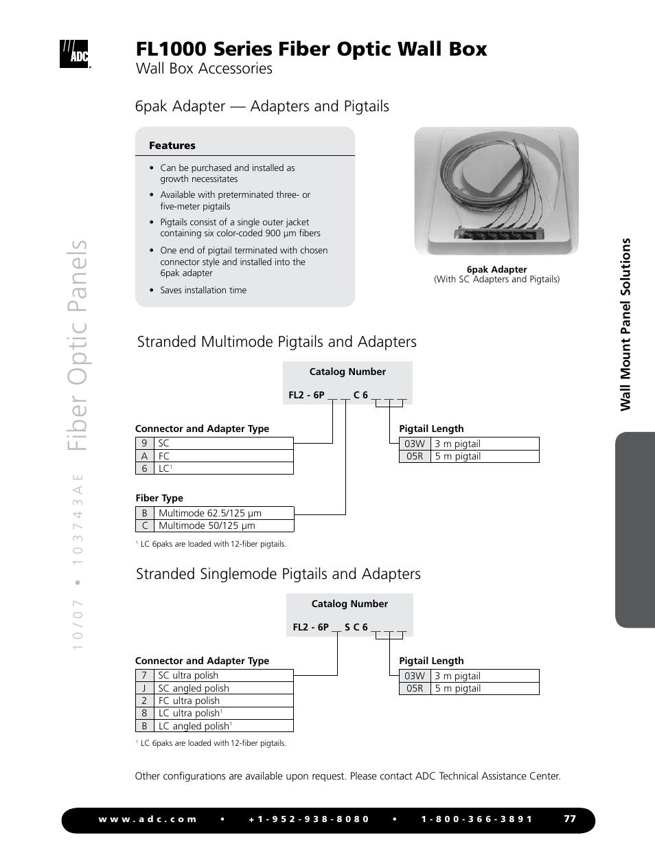 Fiber optic panels, Fl1000 series fiber optic wall box, Wall box accessories | Stranded multimode pigtails and adapters, Wall mount panel solutions | ADC Fiber Optic Wall Box FL1000 Series User Manual | Page 10 / 11