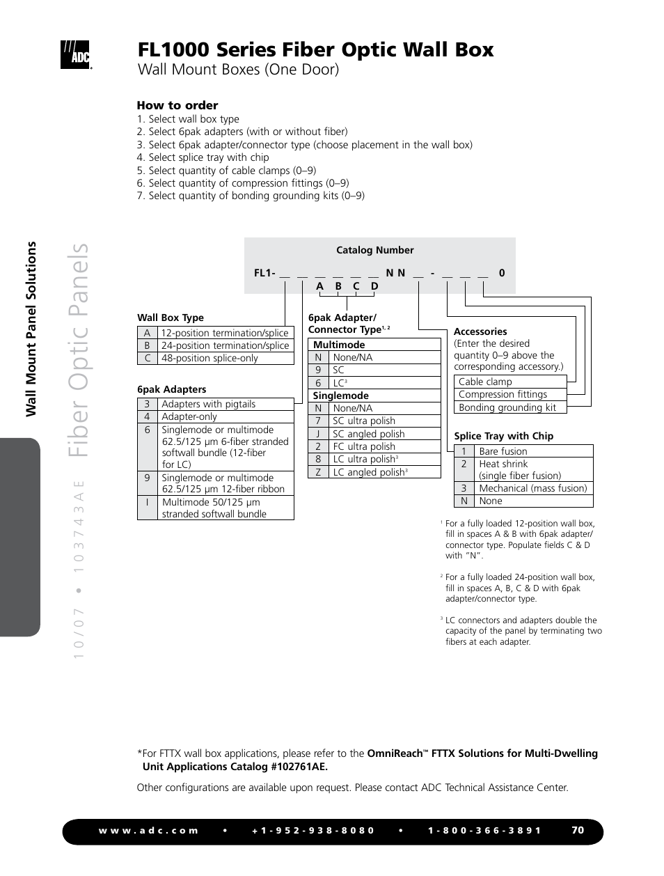 Fiber optic panels, Fl1000 series fiber optic wall box, Wall mount boxes (one door) | Wall mount panel solutions | ADC Fiber Optic Wall Box FL1000 Series User Manual | Page 3 / 11