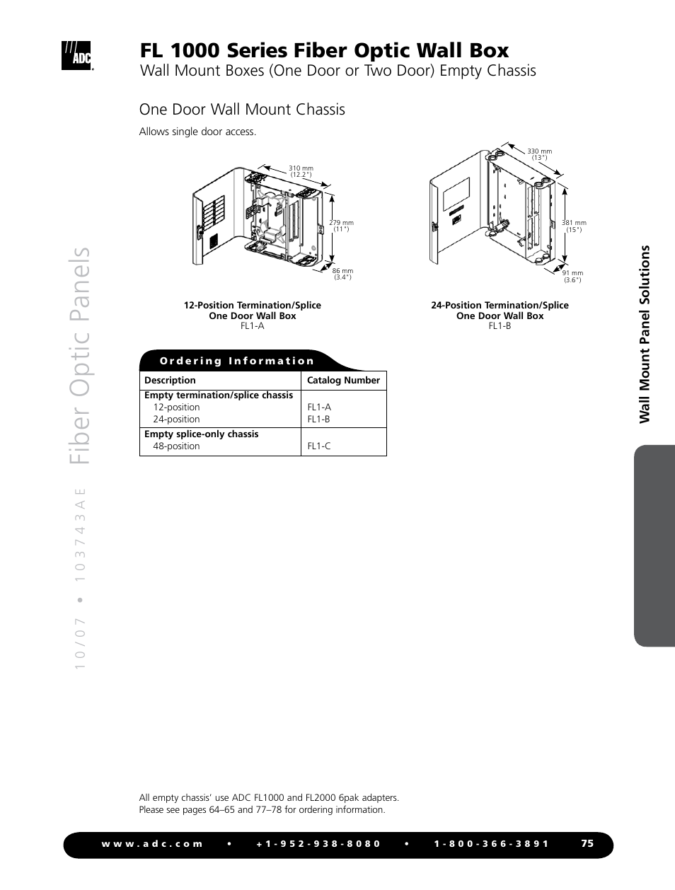 Fiber optic panels, Fl 1000 series fiber optic wall box, One door wall mount chassis | Wall mount panel solutions | ADC Fiber Optic Wall Box FL1000 Series User Manual | Page 8 / 11