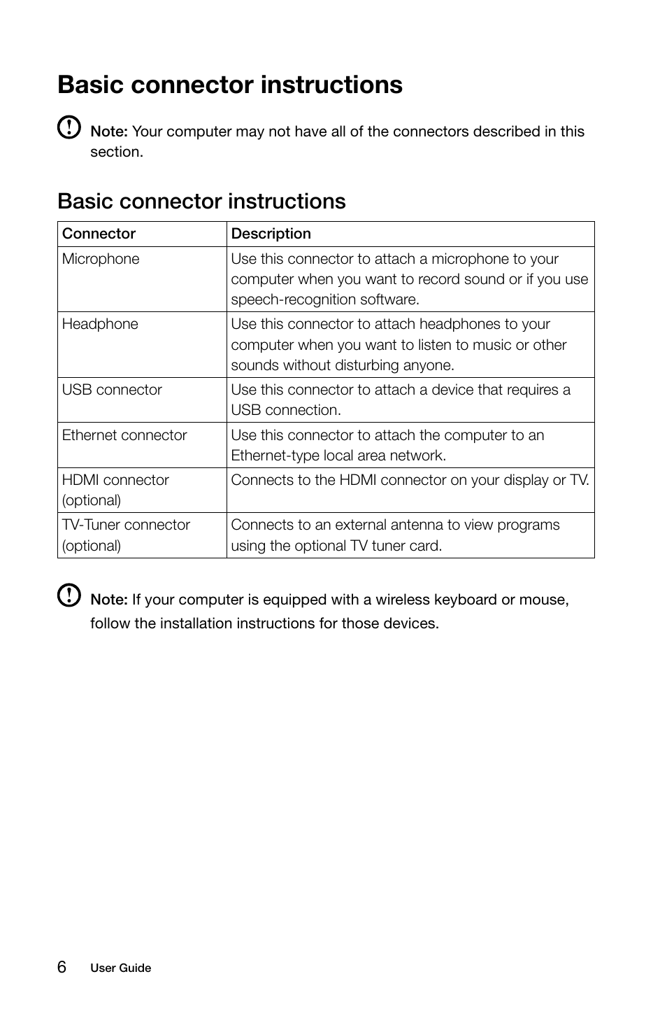 Basic connector instructions | Lenovo IdeaCentre A530 User Manual | Page 11 / 43