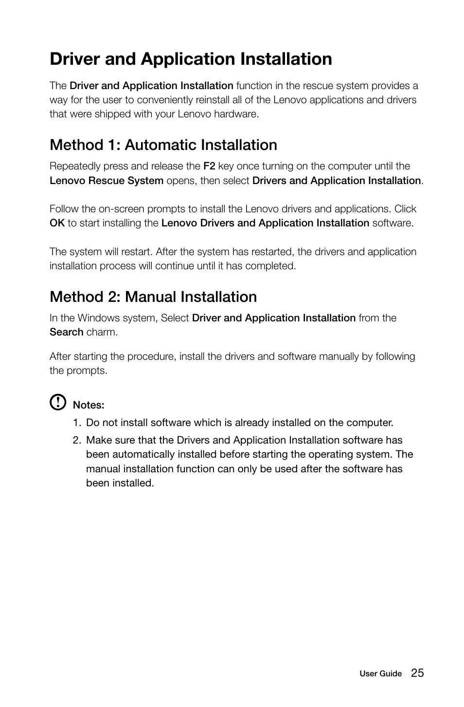Driver and application installation, Method 1: automatic installation, Method 2: manual installation | Lenovo IdeaCentre A530 User Manual | Page 30 / 43