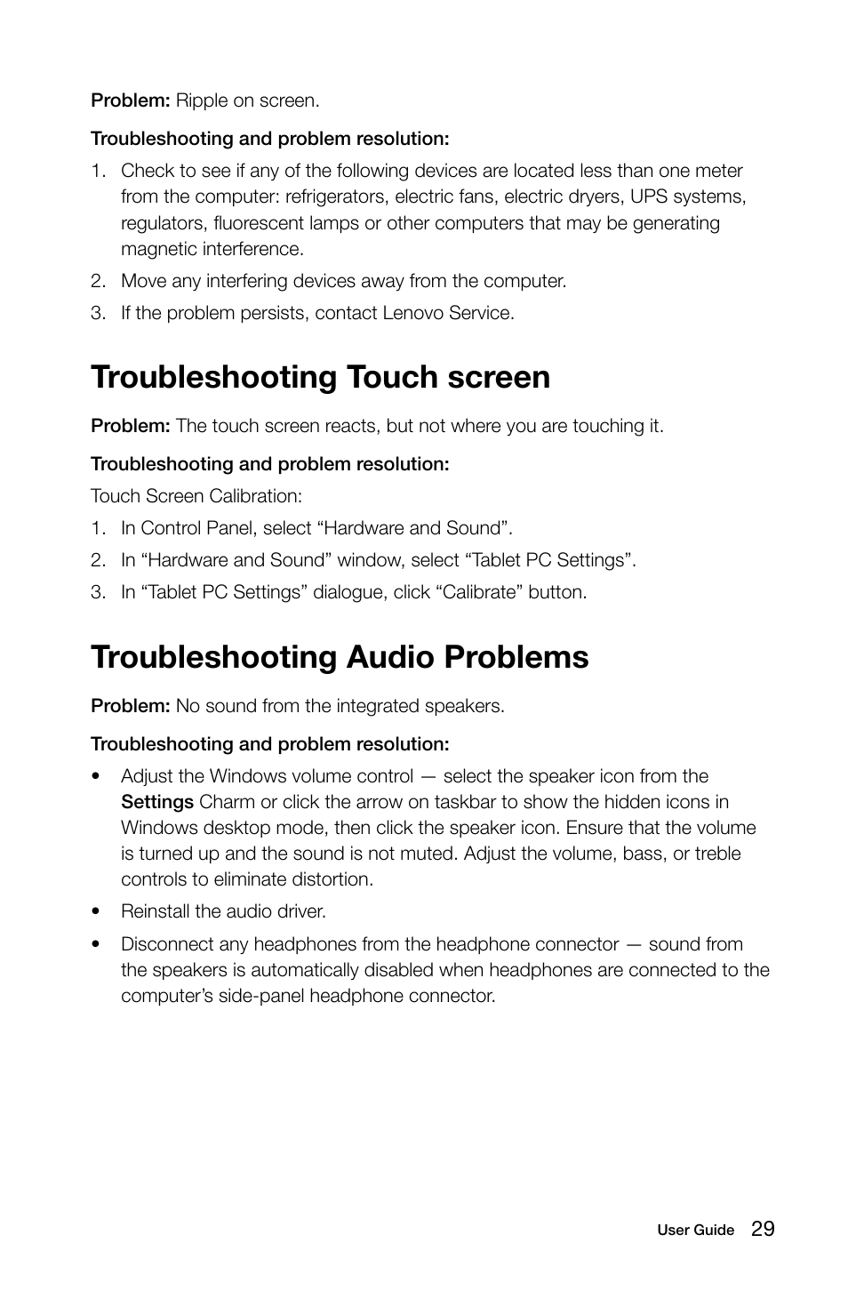 Troubleshooting touch screen, Troubleshooting audio problems | Lenovo IdeaCentre A530 User Manual | Page 34 / 43