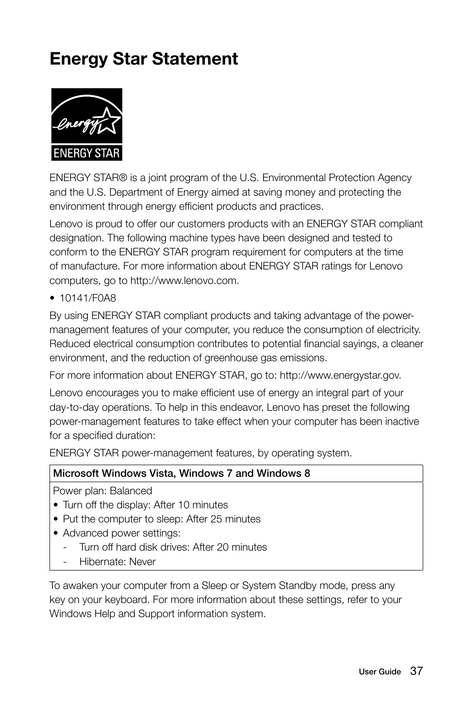 Energy star statement | Lenovo IdeaCentre A530 User Manual | Page 42 / 43