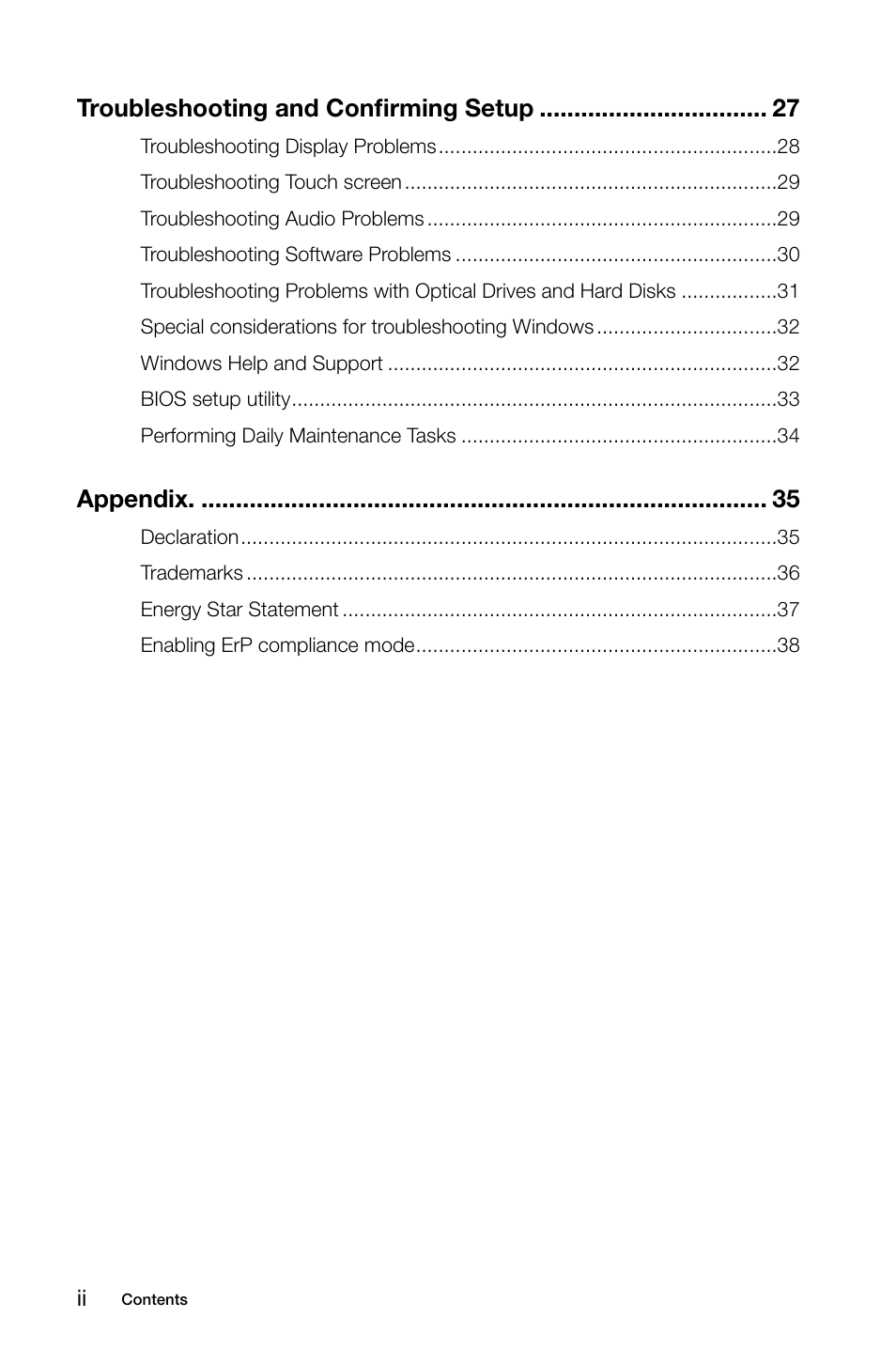 Troubleshooting and confirming setup, Appendix | Lenovo IdeaCentre A530 User Manual | Page 5 / 43