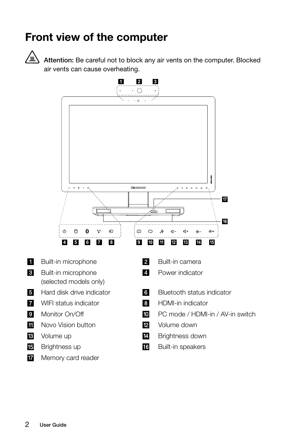 Front view of the computer | Lenovo IdeaCentre A530 User Manual | Page 7 / 43