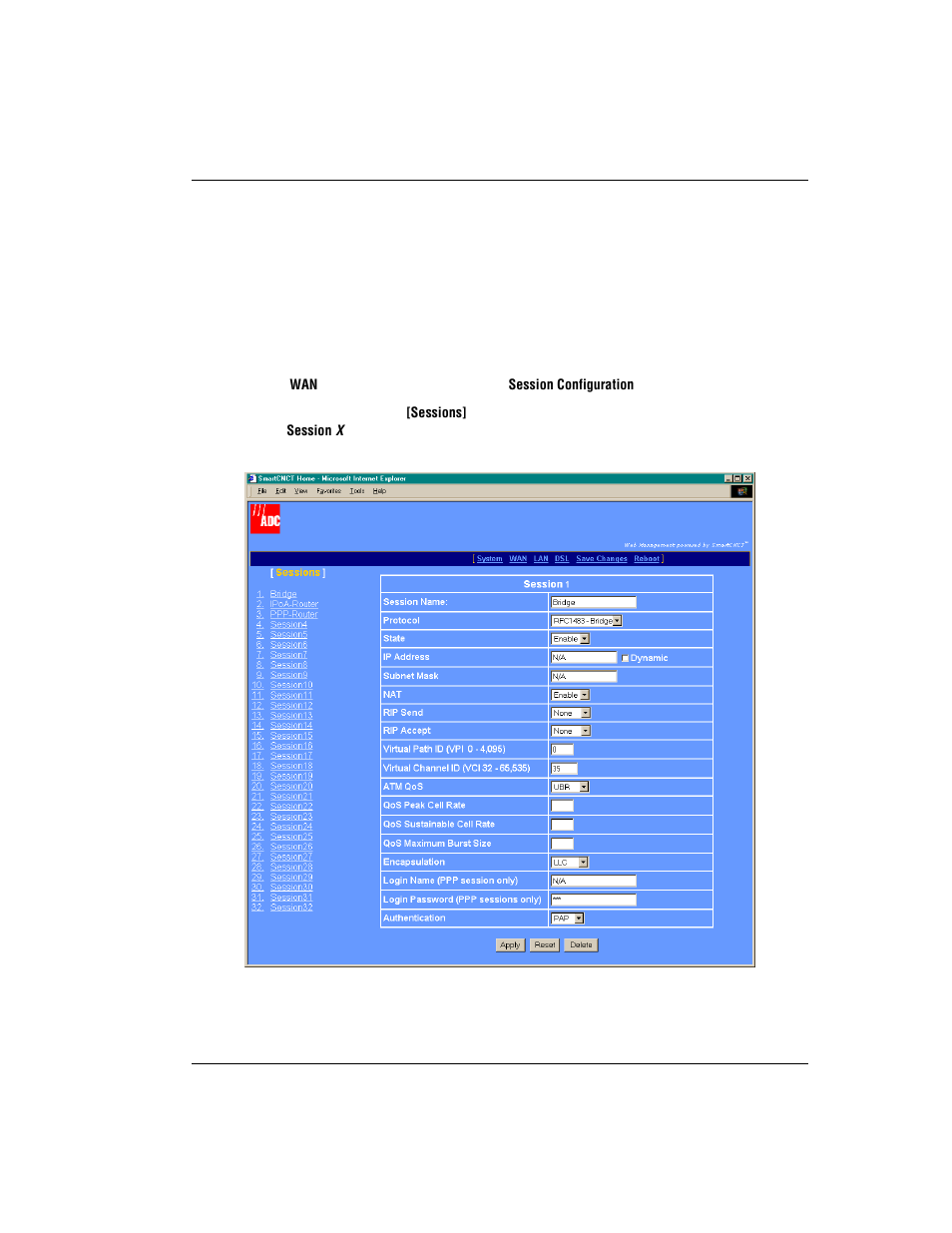 Configuring the wan, Set up wan sessions, Onfiguring the | ADC MM701F User Manual | Page 29 / 94