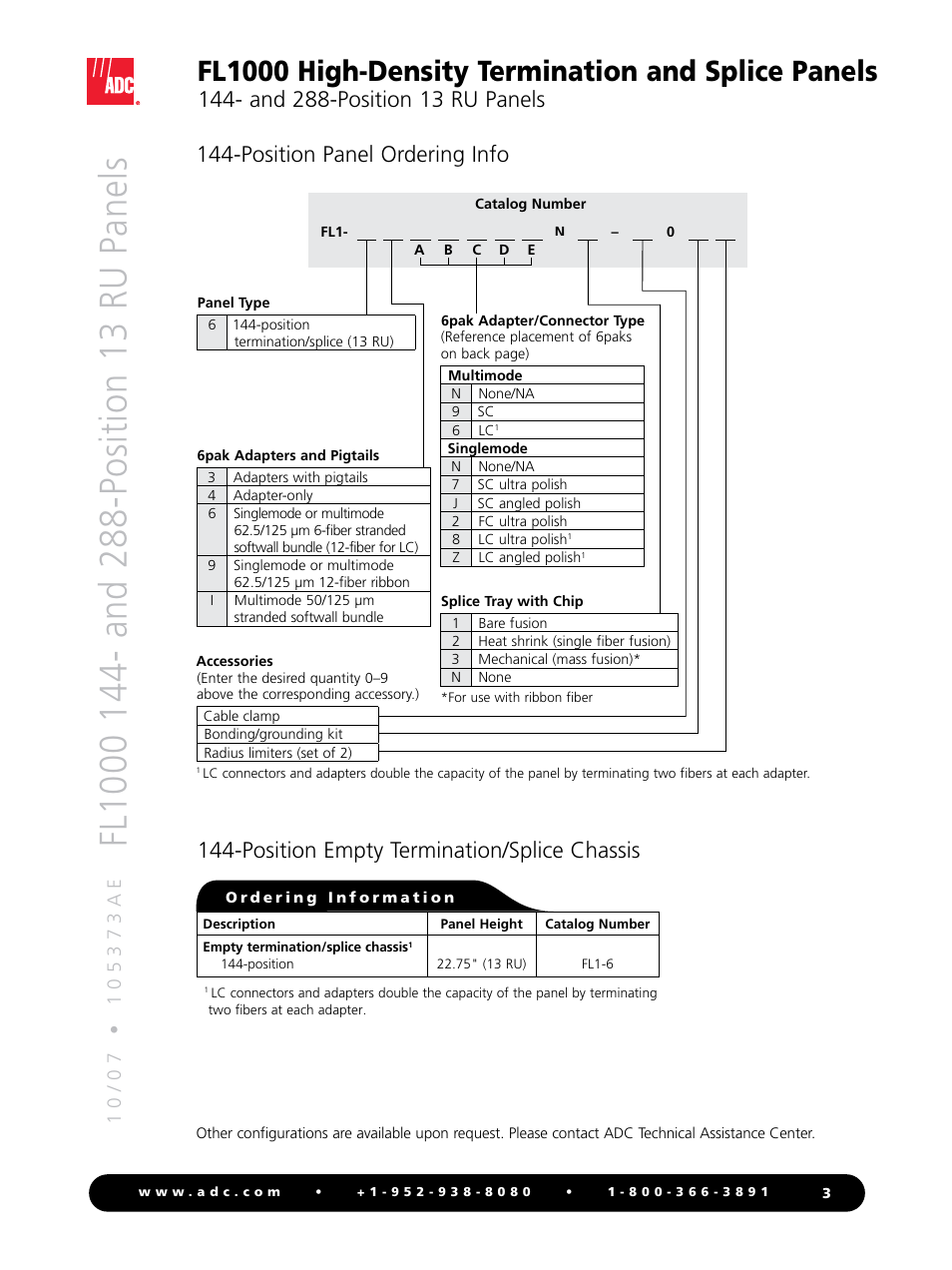 Fl1000 high-density termination and splice panels, Position empty termination/splice chassis, Position panel ordering info | ADC FL1000 User Manual | Page 3 / 4