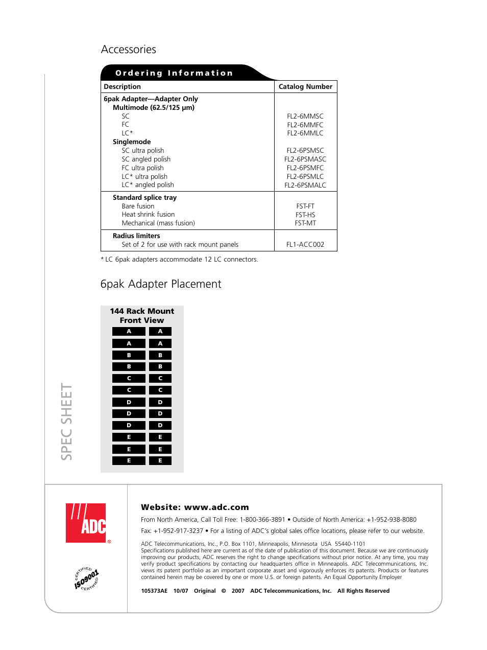 Spec sheet, 6pak adapter placement accessories | ADC FL1000 User Manual | Page 4 / 4