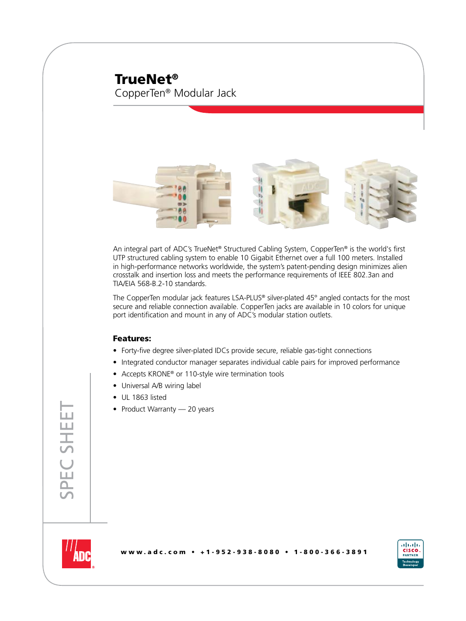 ADC CopperTen Modular Jack User Manual | 2 pages