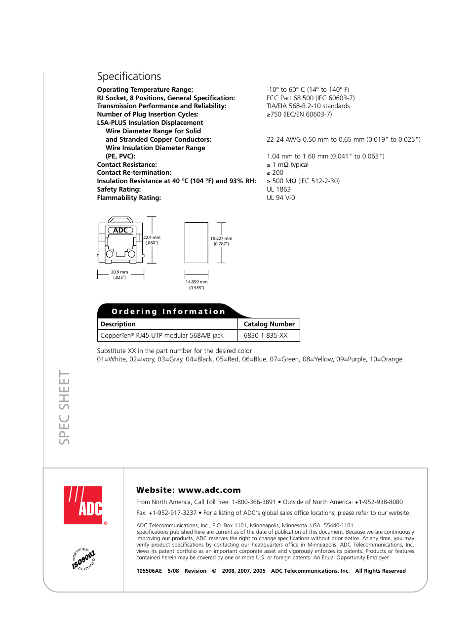 Spec sheet, Specifications | ADC CopperTen Modular Jack User Manual | Page 2 / 2