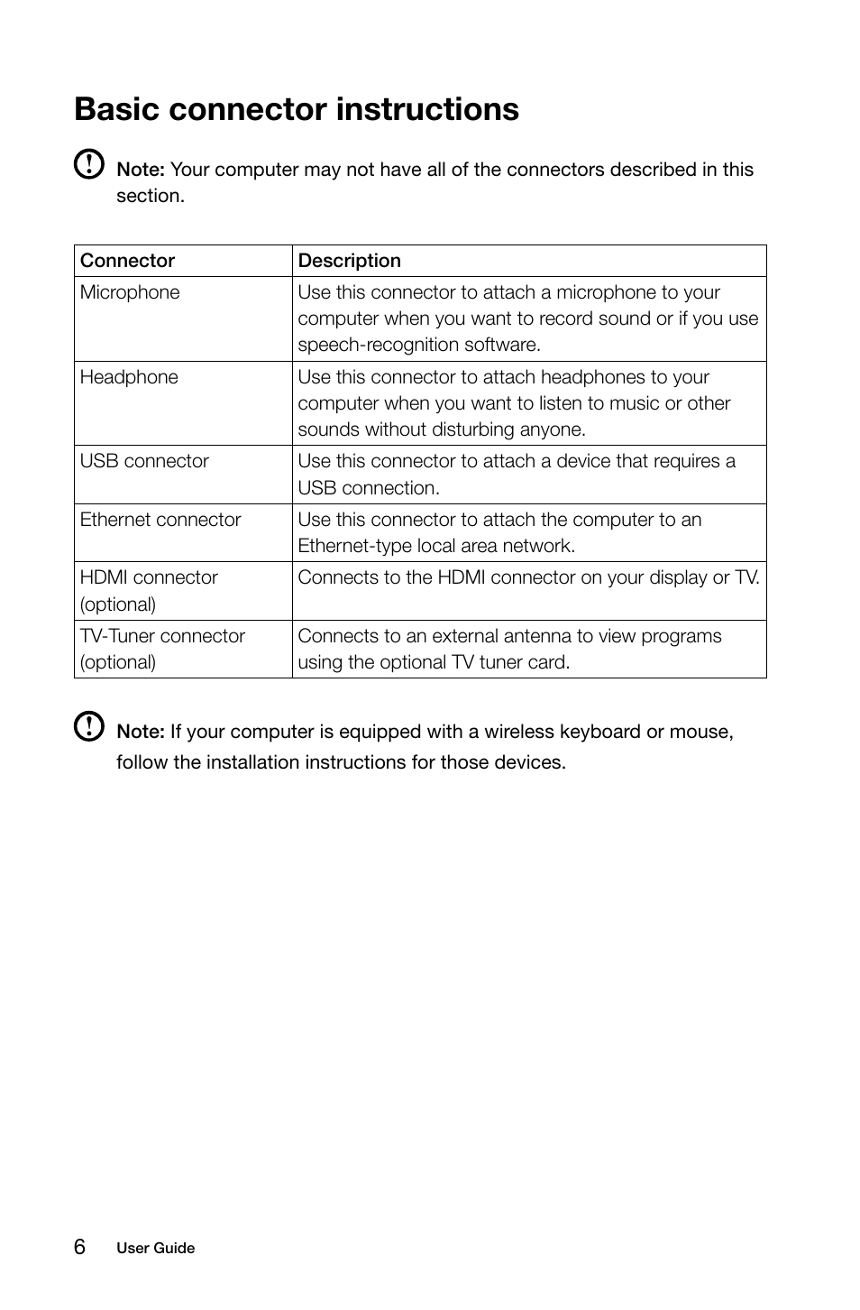 Basic connector instructions | Lenovo IdeaCentre A530 User Manual | Page 11 / 45