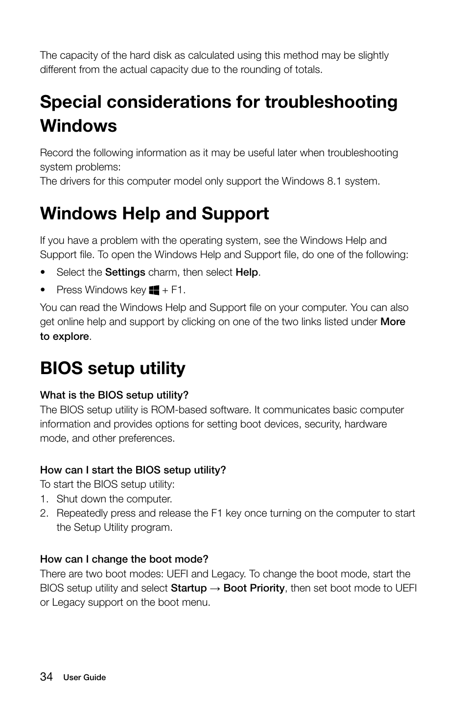 Special considerations for troubleshooting windows, Windows help and support, Bios setup utility | Lenovo IdeaCentre A530 User Manual | Page 39 / 45