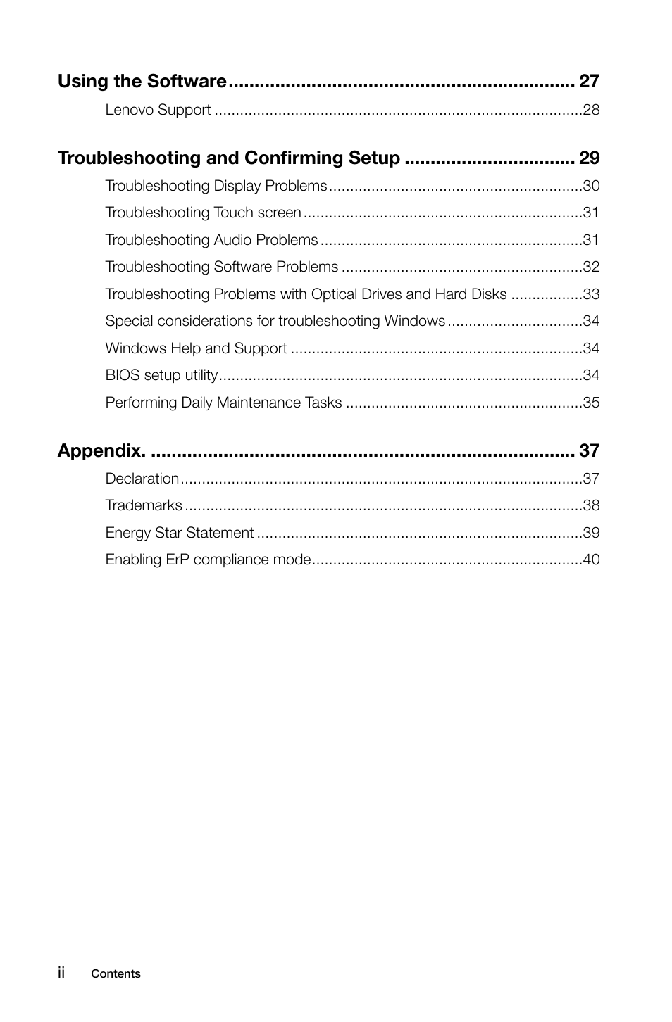 Using the software, Troubleshooting and confirming setup, Appendix | Lenovo IdeaCentre A530 User Manual | Page 5 / 45