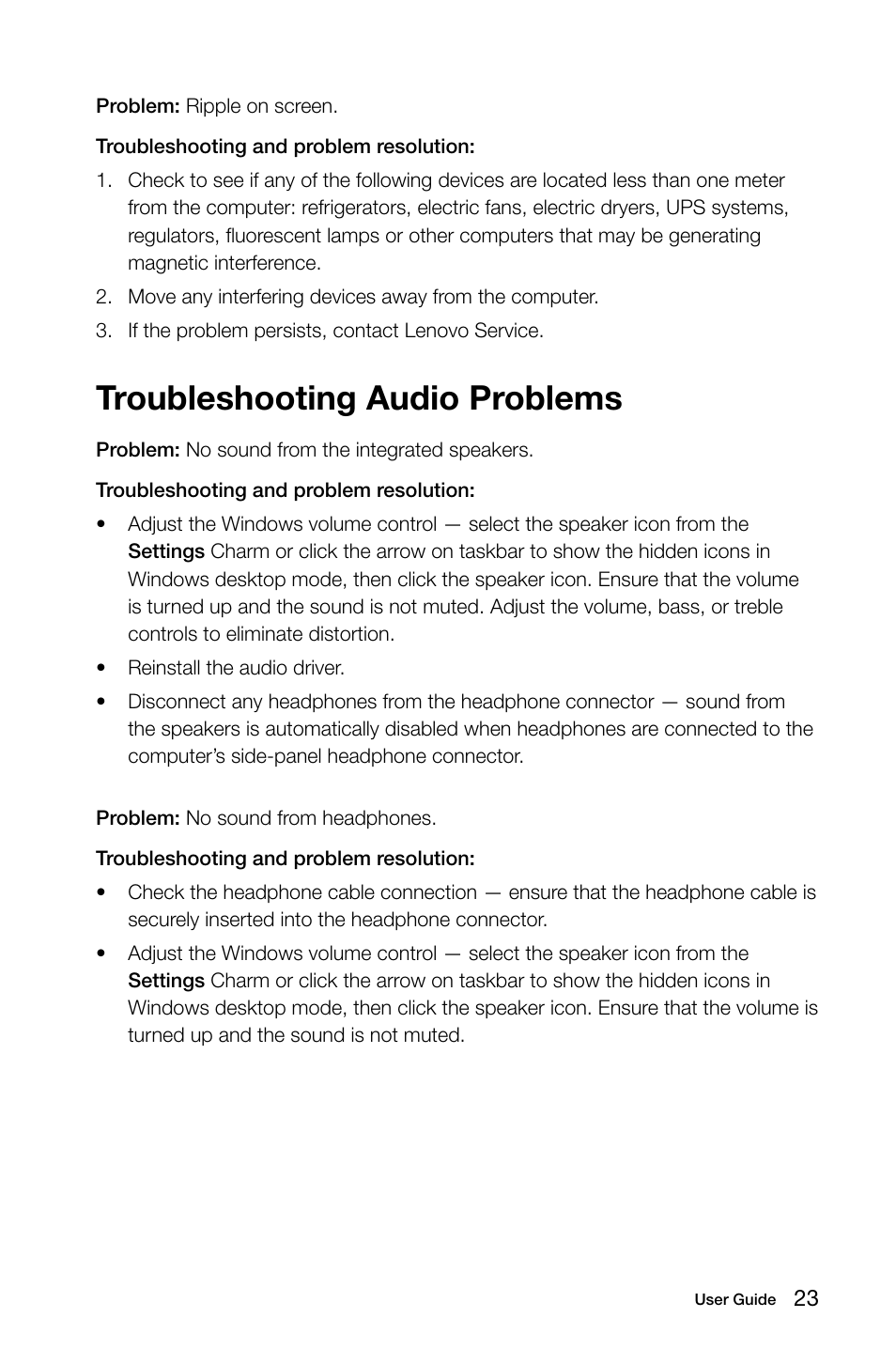 Troubleshooting audio problems | Lenovo C240 All-in-One User Manual | Page 28 / 45