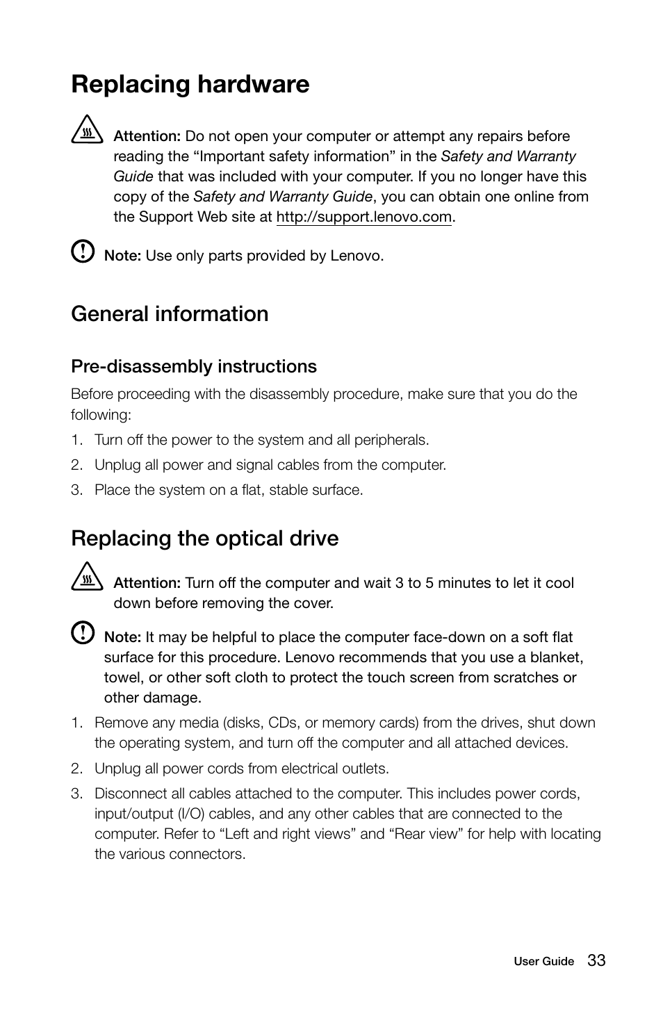 Replacing hardware, General information, Replacing the optical drive | Lenovo C240 All-in-One User Manual | Page 38 / 45