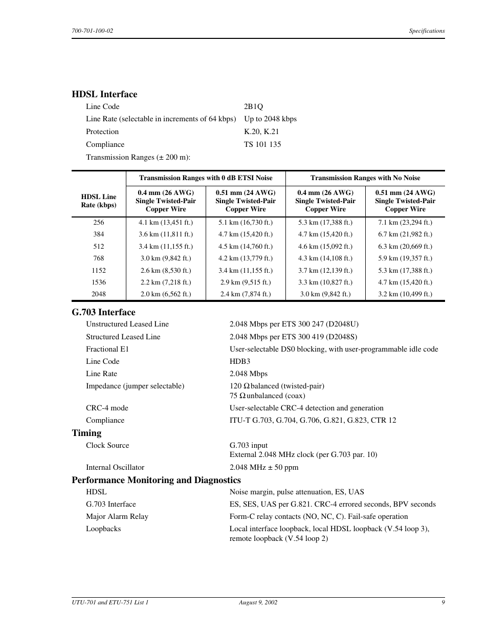 Specifications, Pecifications | ADC ETU-751C User Manual | Page 19 / 82