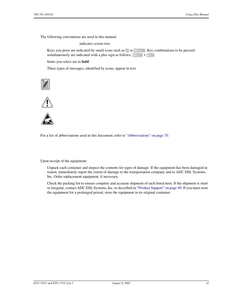 Using this manual, Inspecting shipment, Sing | Anual, Nspecting, Hipment | ADC ETU-751C User Manual | Page 3 / 82
