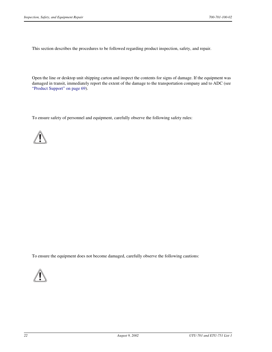 Inspection, safety, and equipment repair, Inspection, Safety | Equipment repair, Nspection, Afety, Quipment, Epair | ADC ETU-751C User Manual | Page 32 / 82