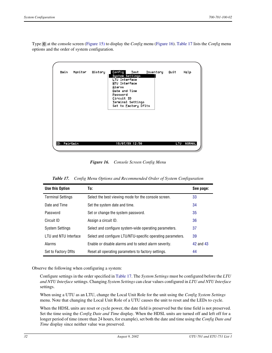 Config menu options, Console screen config menu, Config menu options and r | ADC ETU-751C User Manual | Page 42 / 82