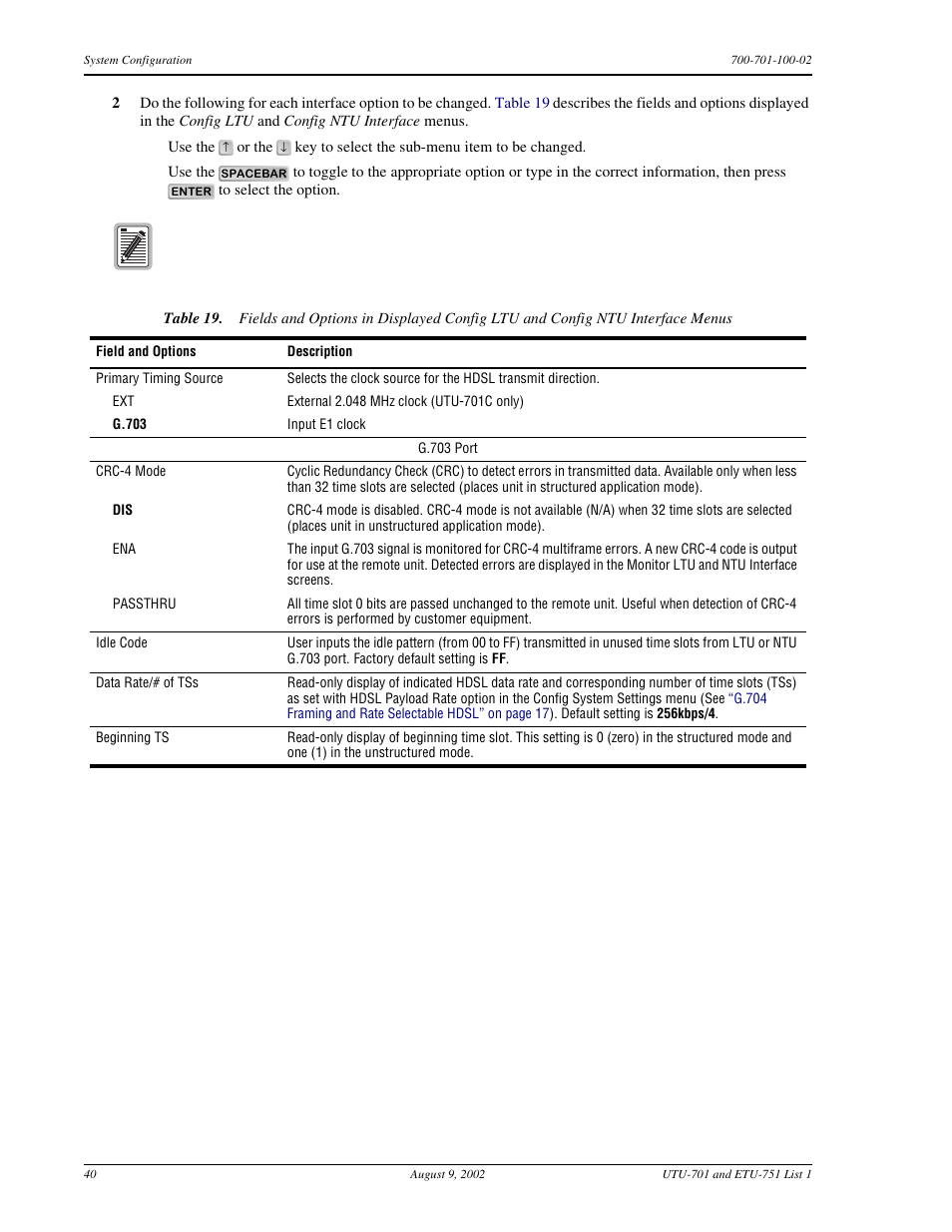 Fields and options | ADC ETU-751C User Manual | Page 50 / 82