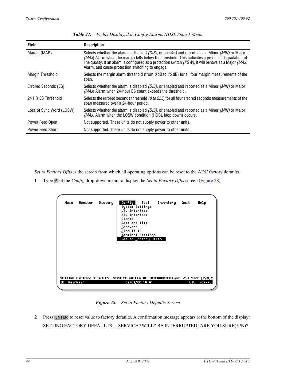 Set to factory defaults, Actory, Efaults | ADC ETU-751C User Manual | Page 54 / 82