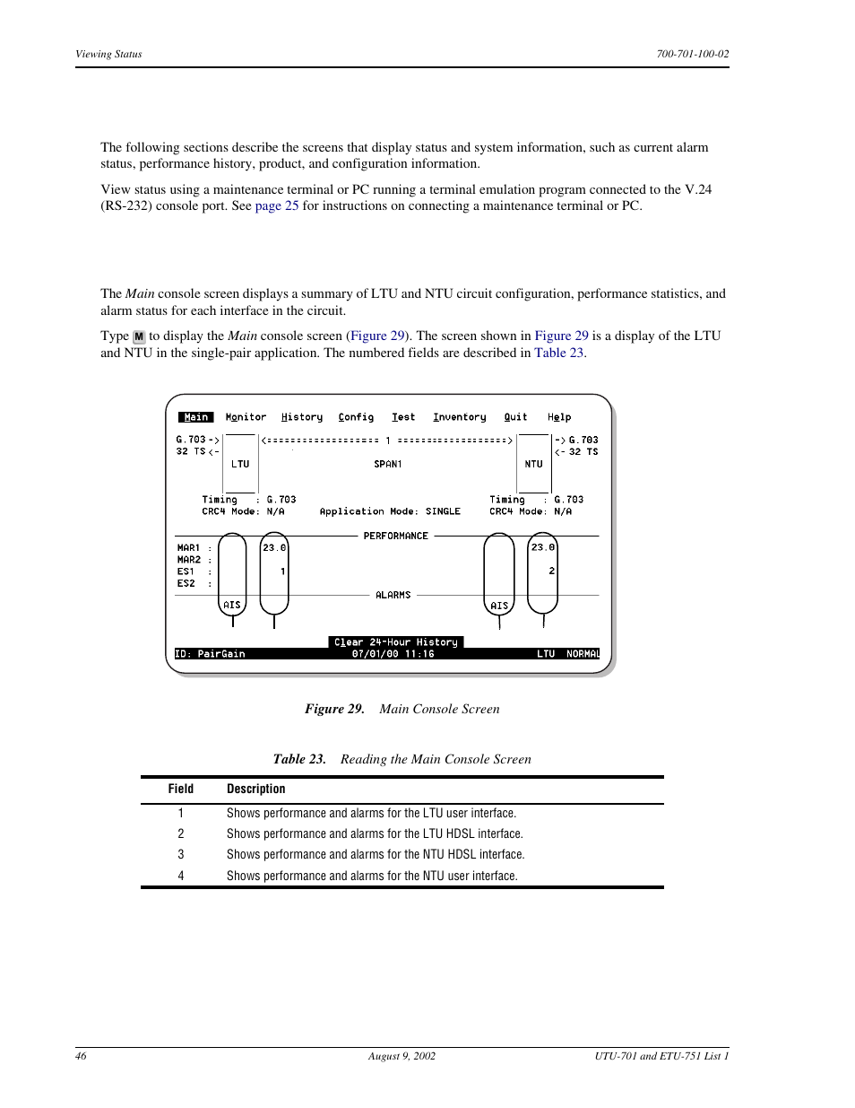 Viewing status, Main console screen, Iewing | Tatus | ADC ETU-751C User Manual | Page 56 / 82