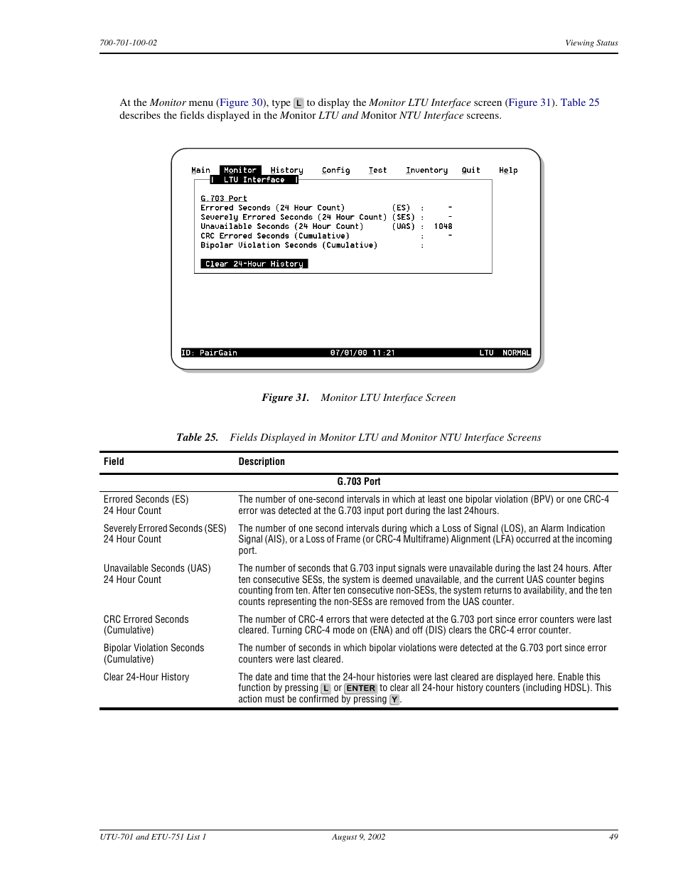 Monitor ltu interface screen | ADC ETU-751C User Manual | Page 59 / 82