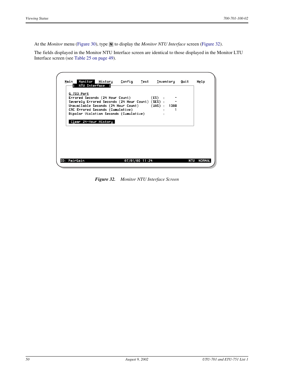 Monitor ntu interface screen | ADC ETU-751C User Manual | Page 60 / 82