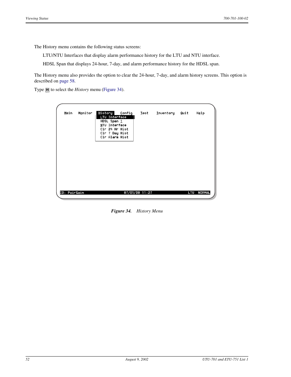 History menu, Istory | ADC ETU-751C User Manual | Page 62 / 82