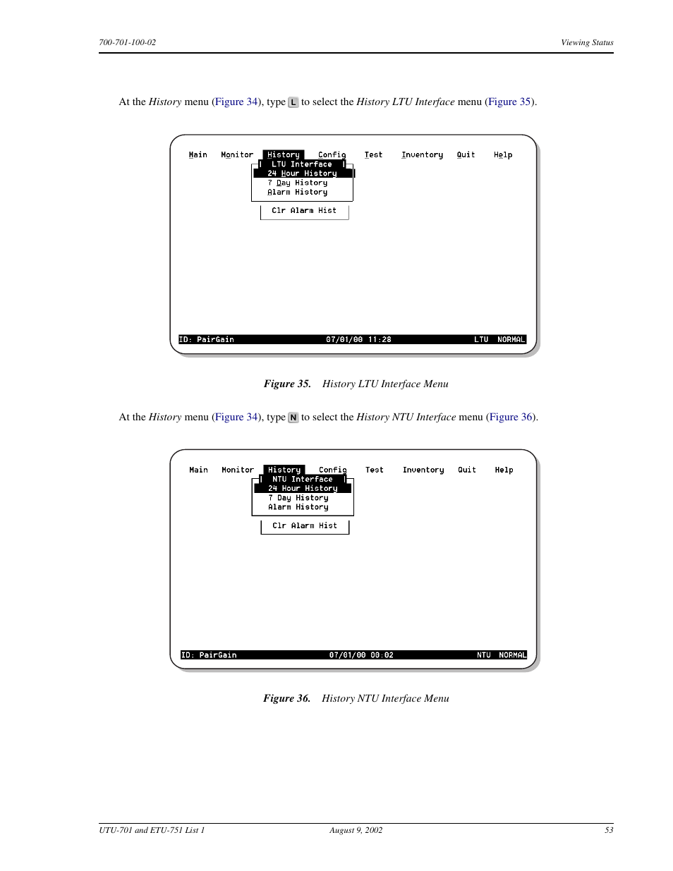 Ltu and ntu interface performance history screens, Ltu and ntu interface performance his | ADC ETU-751C User Manual | Page 63 / 82