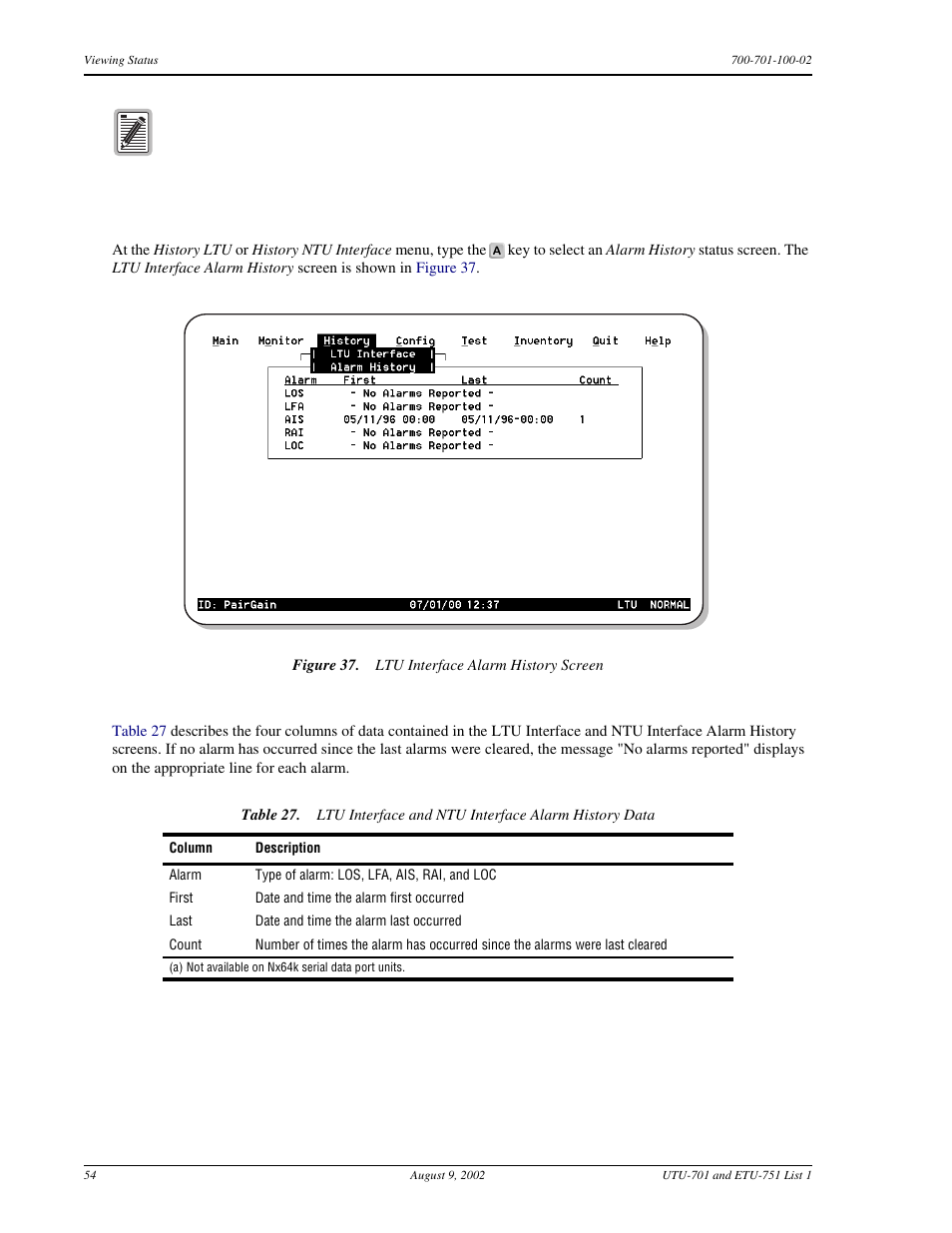 Ltu and ntu interface alarm history screens, Ltu i | ADC ETU-751C User Manual | Page 64 / 82