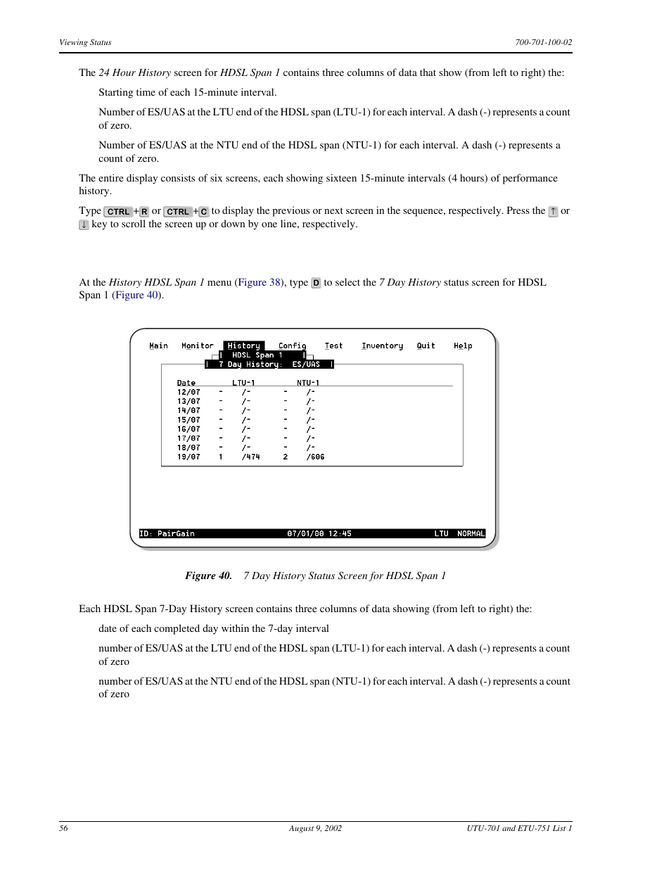 7 day hdsl span 1 performance history screens | ADC ETU-751C User Manual | Page 66 / 82