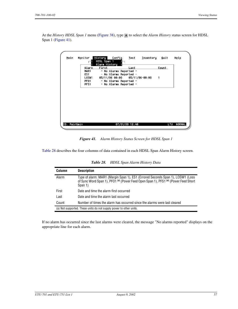 Hdsl span 1 alarm history screens, Hdsl span | ADC ETU-751C User Manual | Page 67 / 82