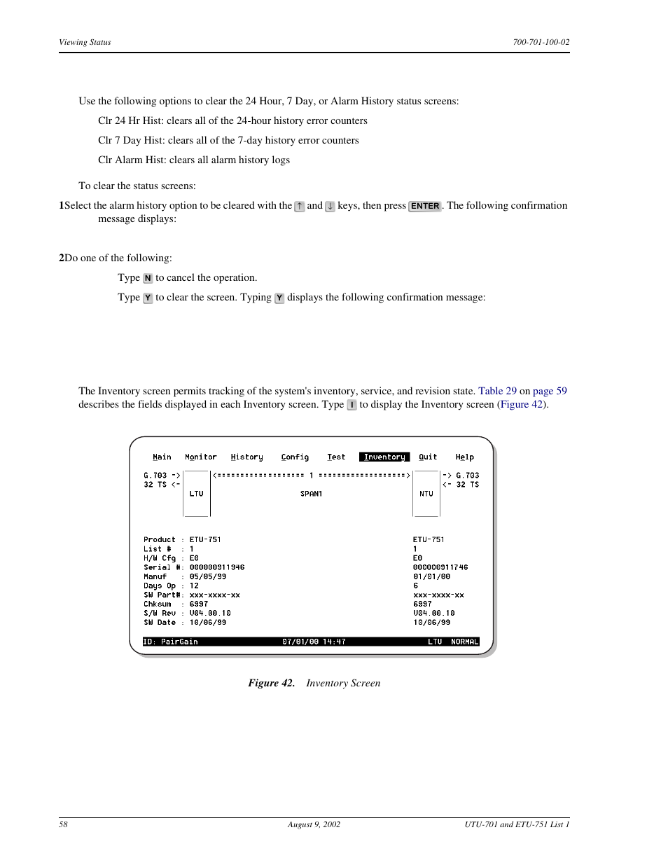 Clear history screens, Inventory screen, Clear history screens” on | Nventory, Creen | ADC ETU-751C User Manual | Page 68 / 82