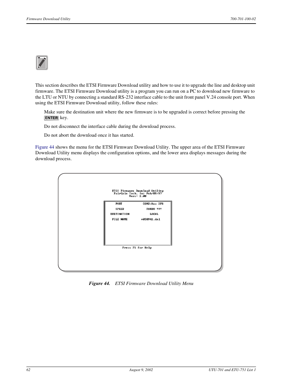 Firmware download utility, Etsi, Firmware download utility” on | Irmware, Ownload, Tility | ADC ETU-751C User Manual | Page 72 / 82