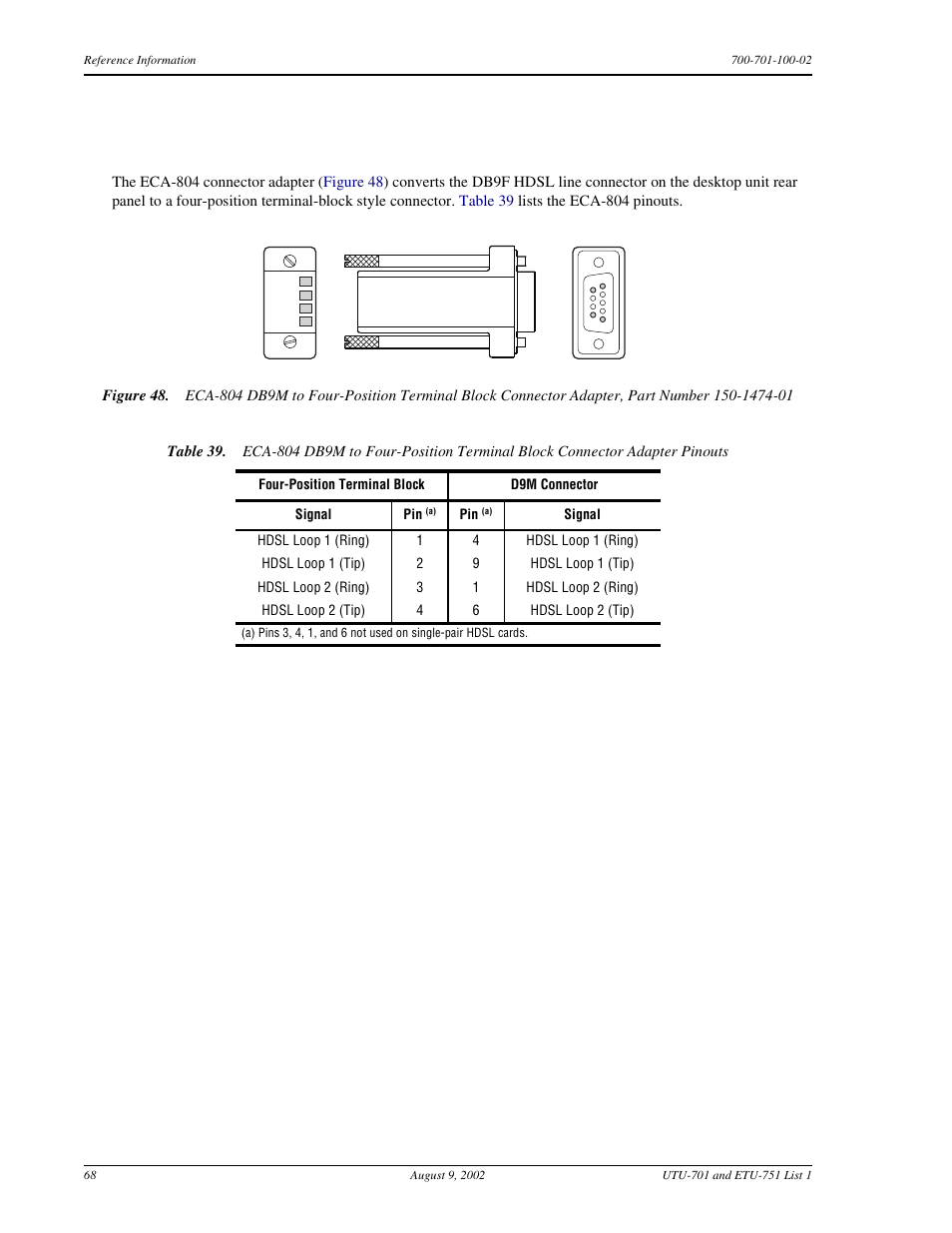 Table 39, Eca-804 c, Db9m | Onnector, Dapter, Osition, Erminal, Lock | ADC ETU-751C User Manual | Page 78 / 82
