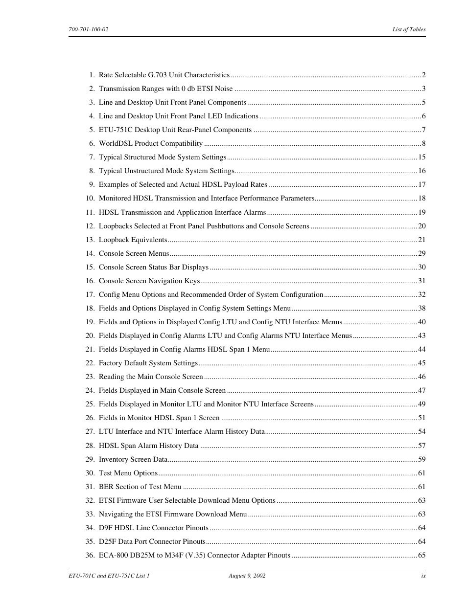 List of tables, Ables | ADC ETU-751C User Manual | Page 9 / 82