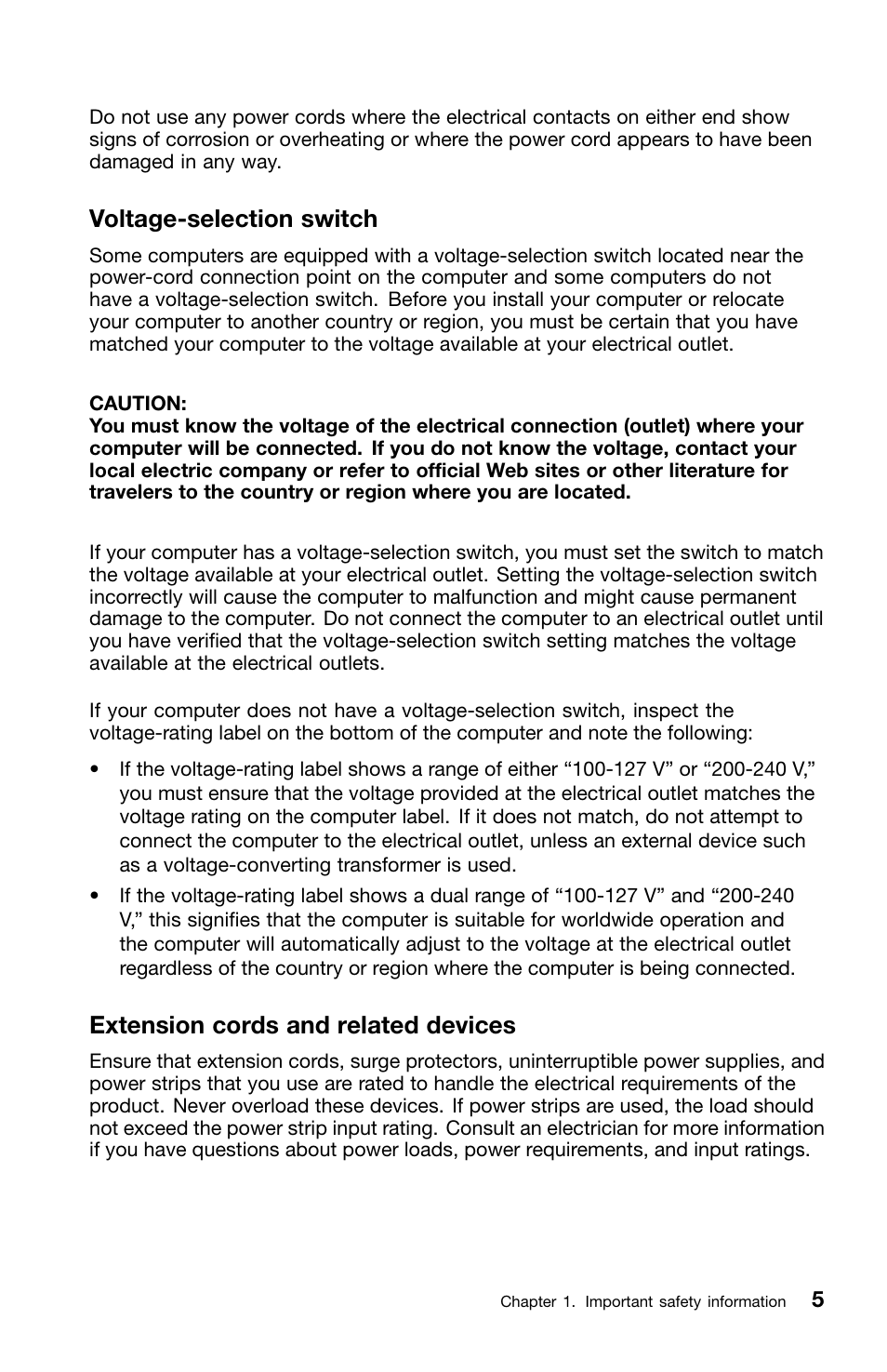 Voltage-selection switch, Extension cords and related devices | Lenovo ThinkCentre M70z User Manual | Page 11 / 336